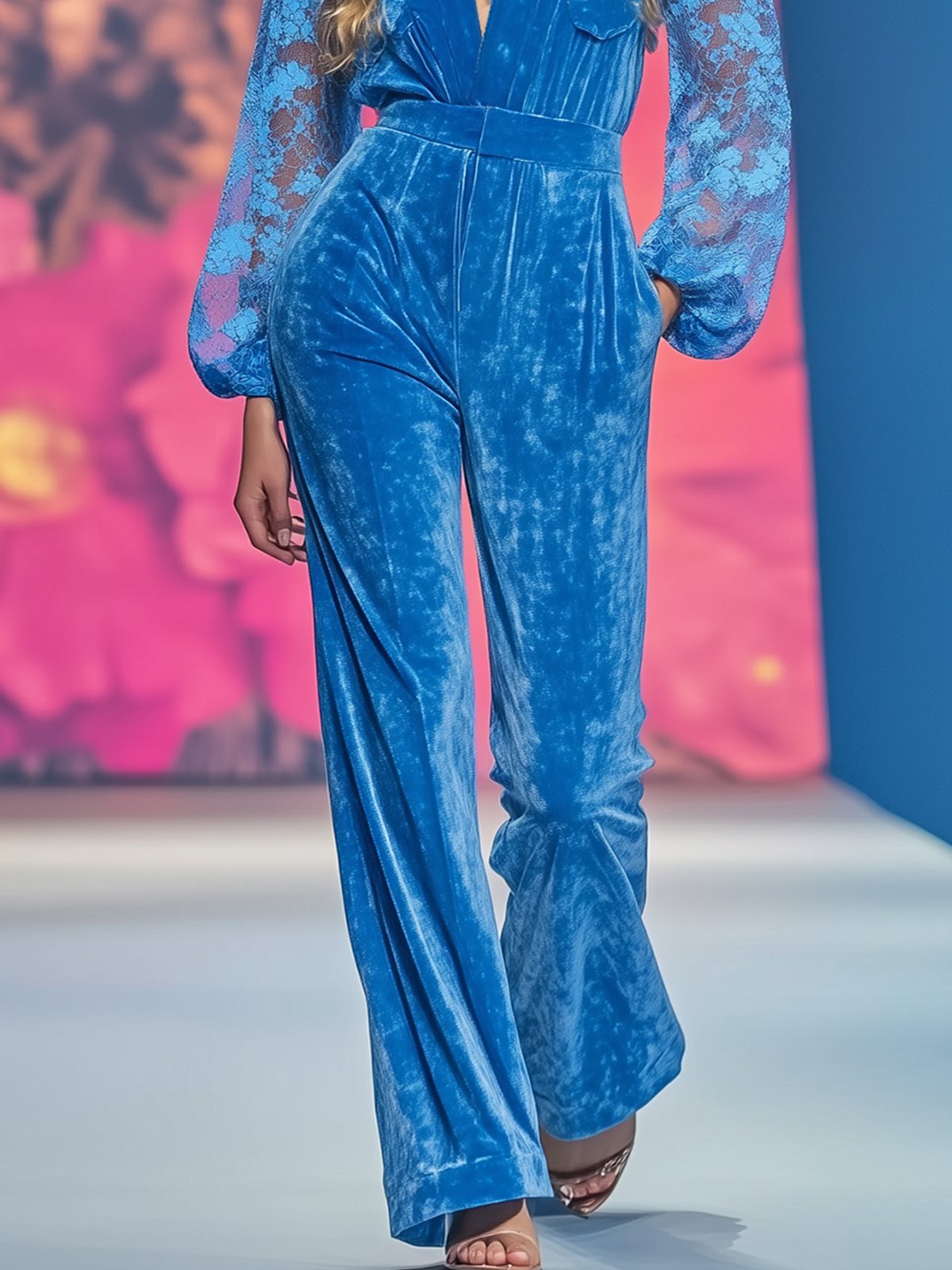 Blue Velvet Jumpsuit With Lace Sleeves