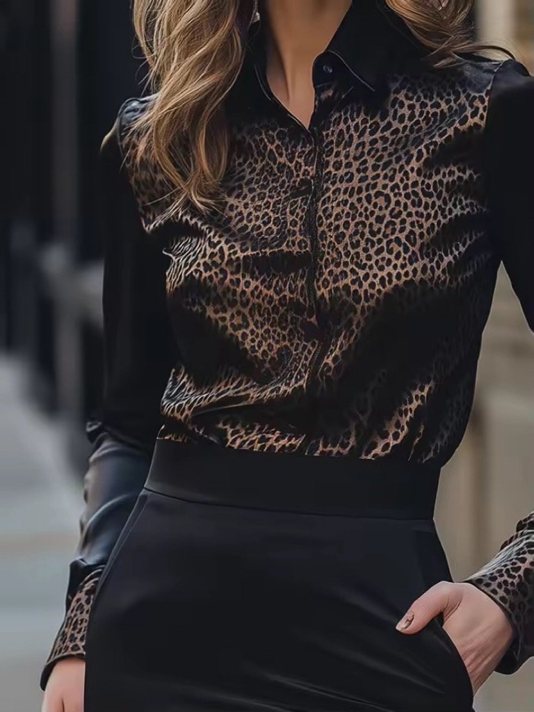 Black Leopard-Print Satin Blouse