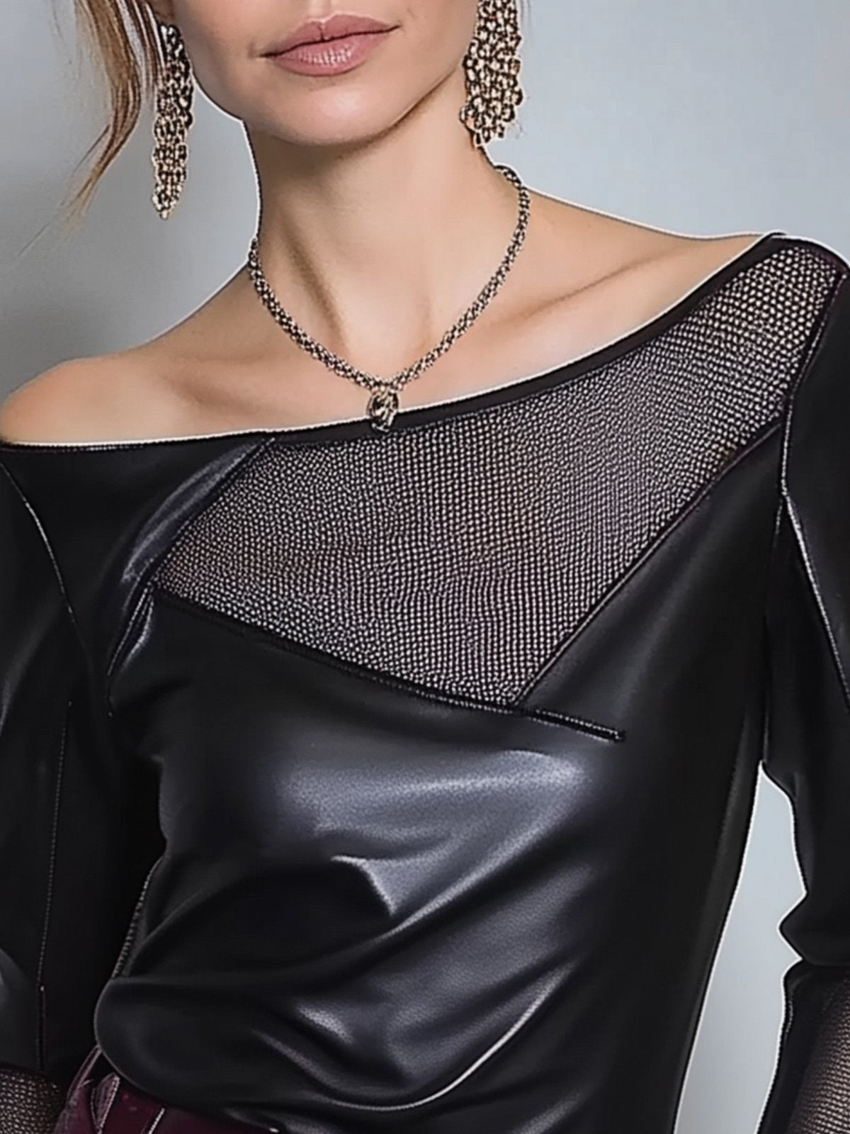 Black Faux Leather Mesh Collar And Sleeve Top