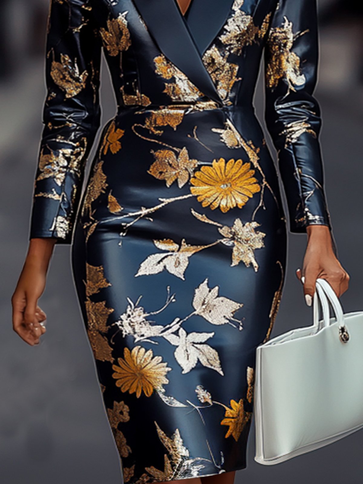 Waist Cinching Floral Print Long Sleeve Dress