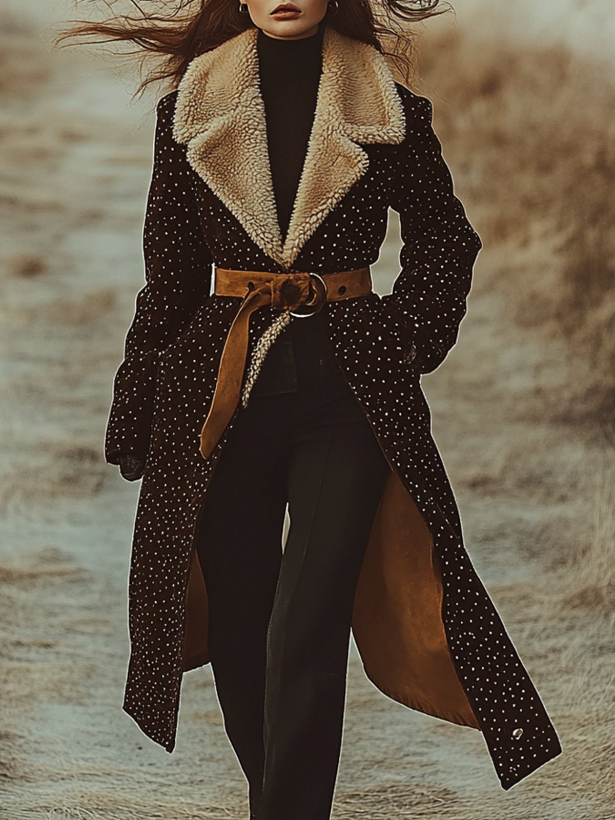 Shearling Collar Black Polka Dot Print Long Coat