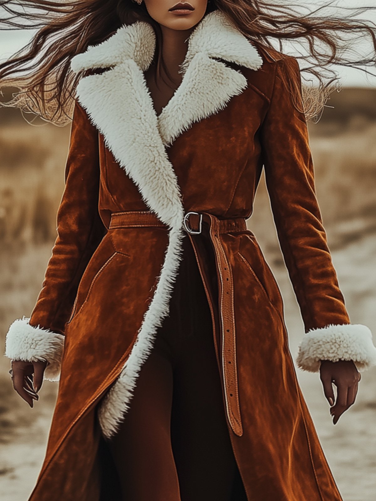 Belted Orange Suede Coat With Shearling Collar And Cuffs