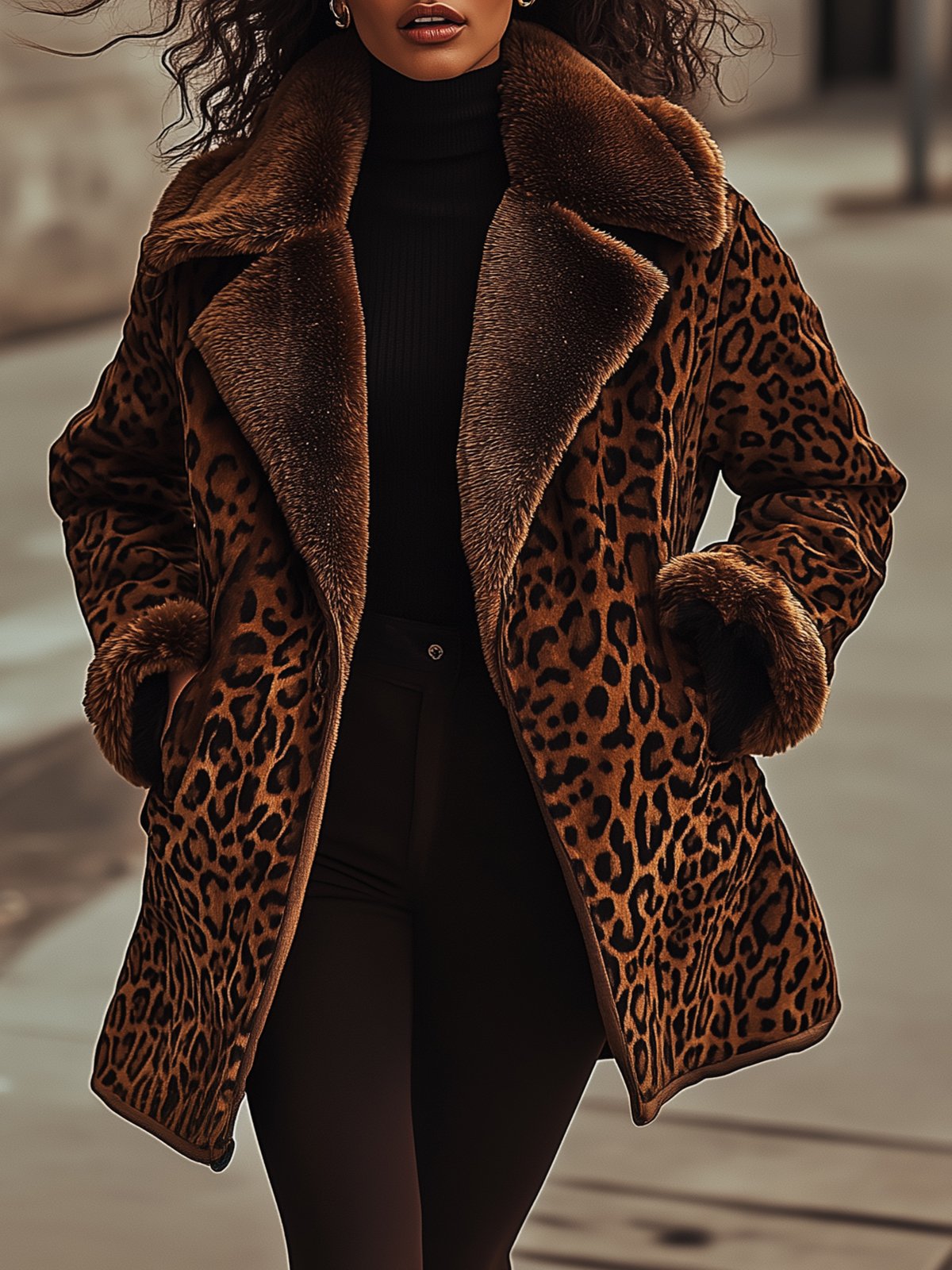 Leopard Print Sherpa Collar Coat With Pockets