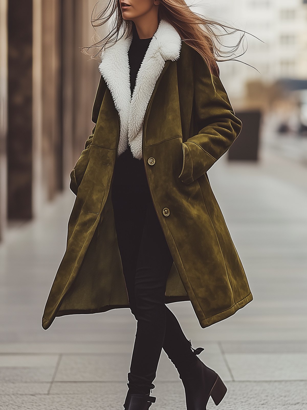 Vintage Green Suede Warm Coat With Fur Collar