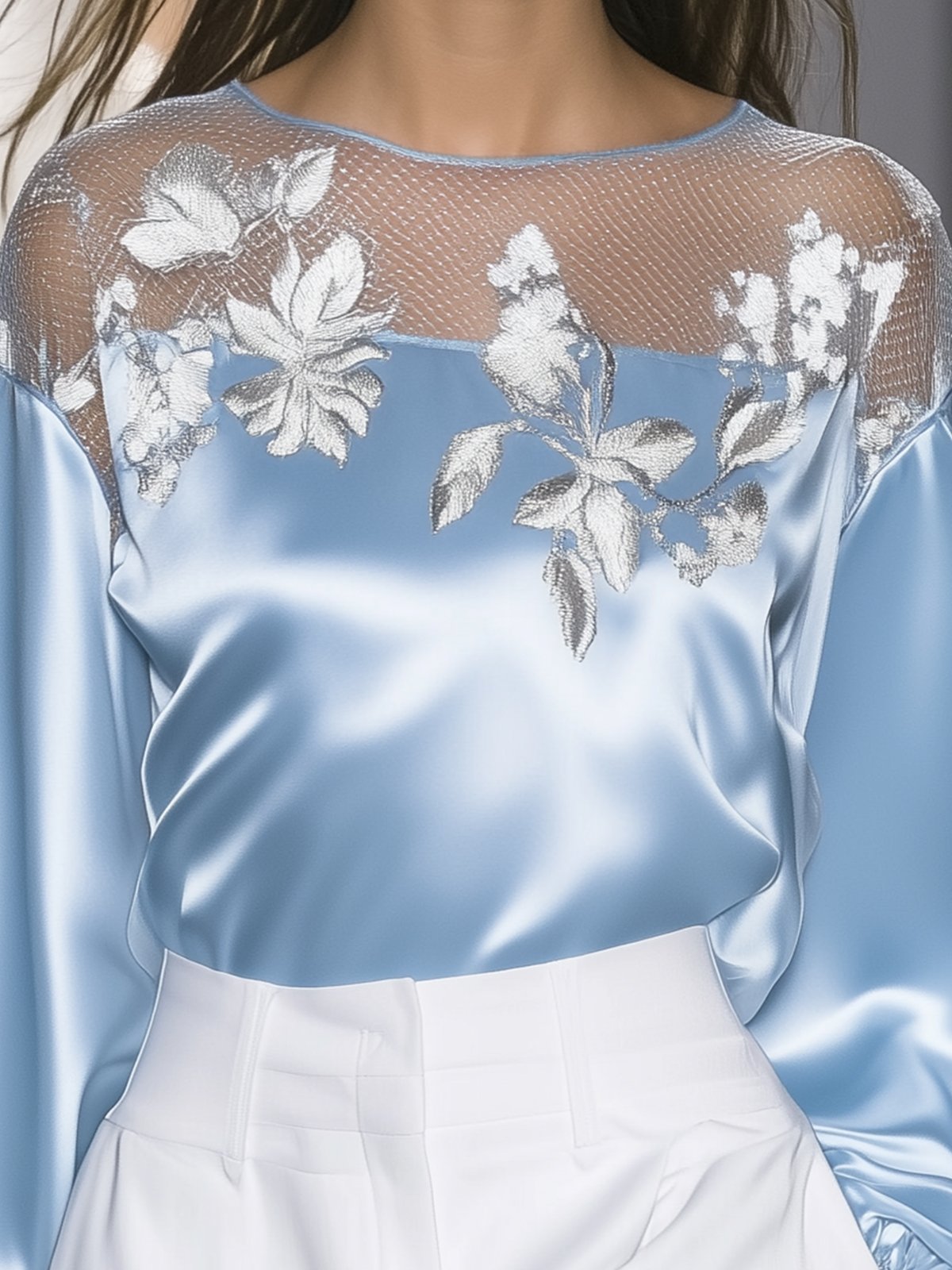 Satin Elegance: Light Blue Floral Embroidered Blouse