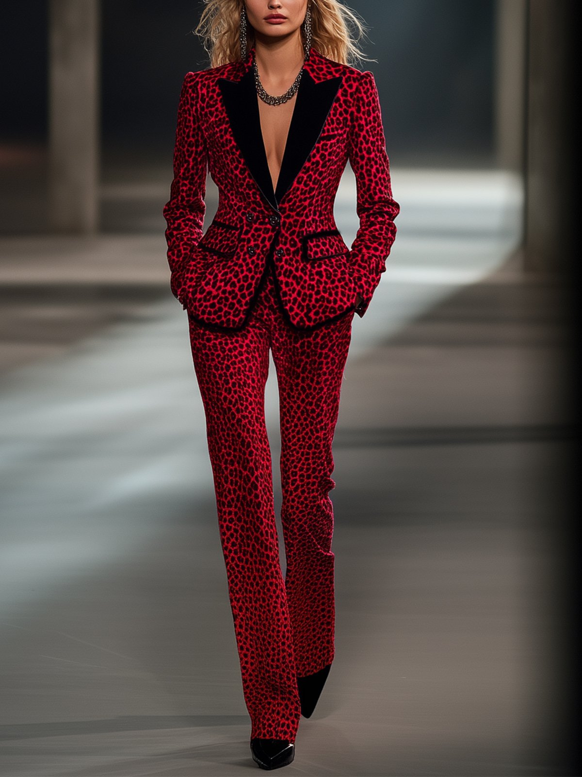 Glamorous Red Velvet Suit With Leopard Print