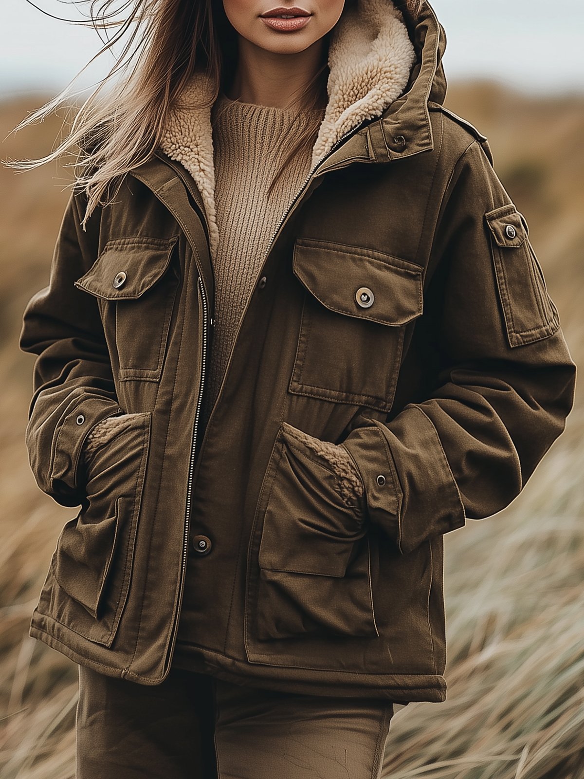 Brown Windproof Hooded Jacket With Sherpa Lining