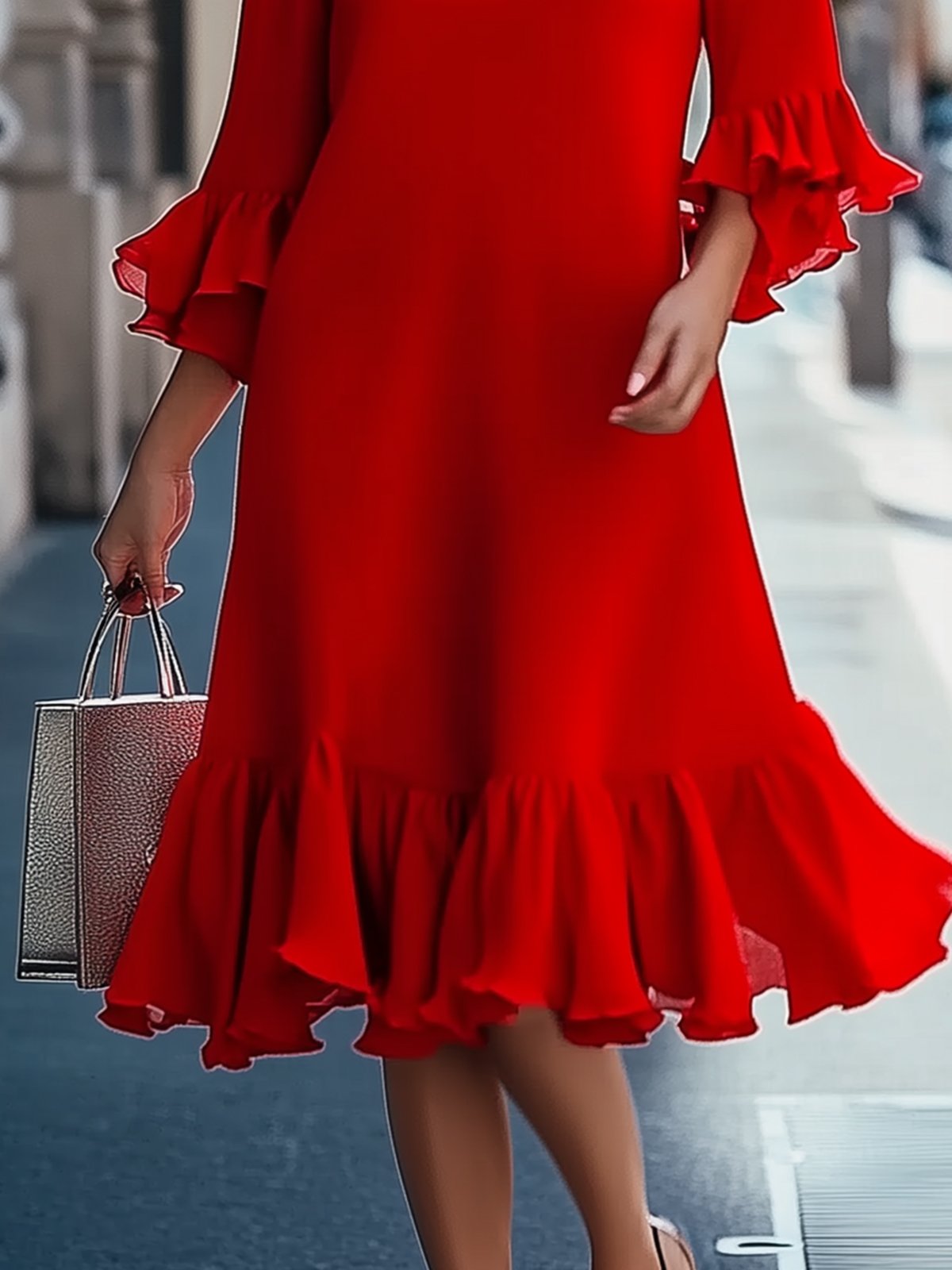 Red Chiffon Dress With Ruffle Sleeves And Hem