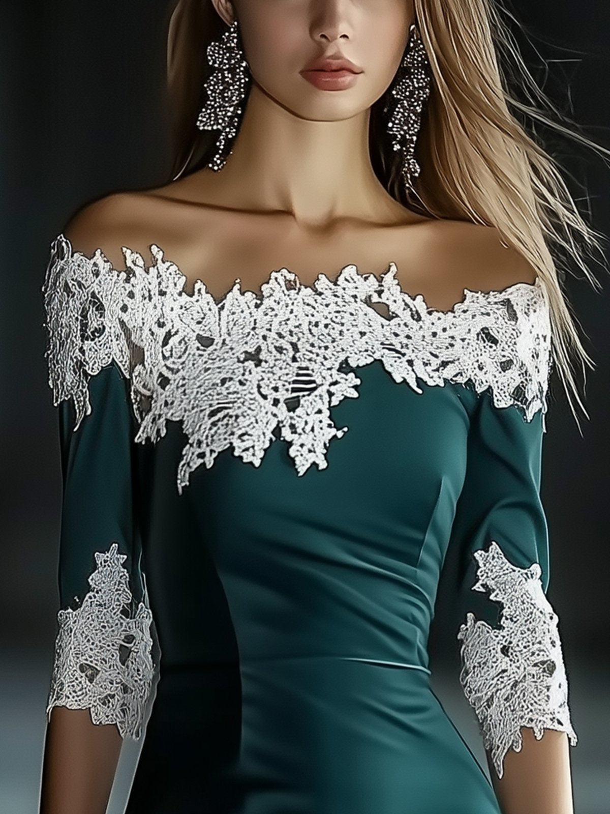 Green Off Shoulder Half Sleeve Lace Panel Bodycon Dress