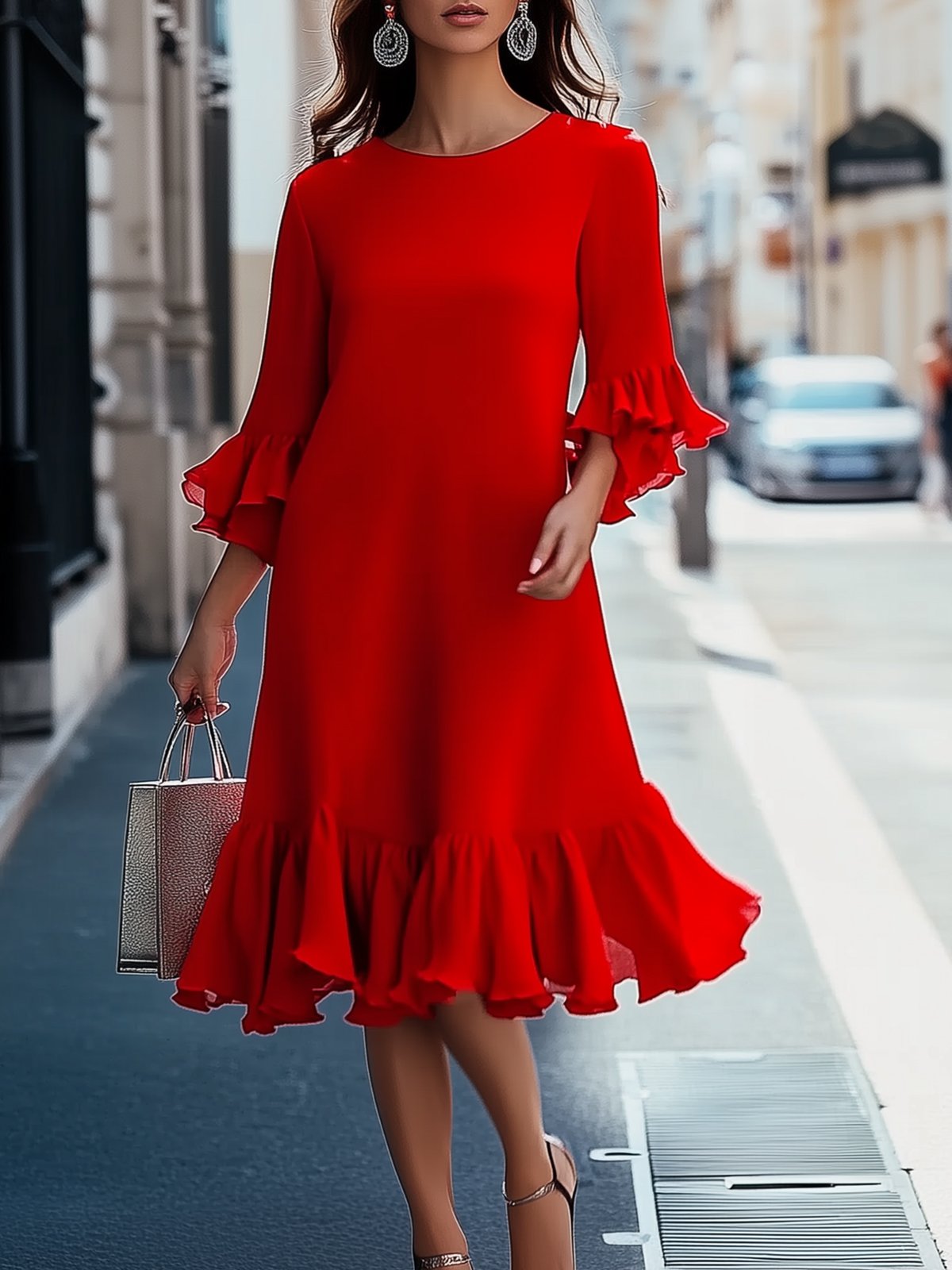 Red Chiffon Dress With Ruffle Sleeves And Hem