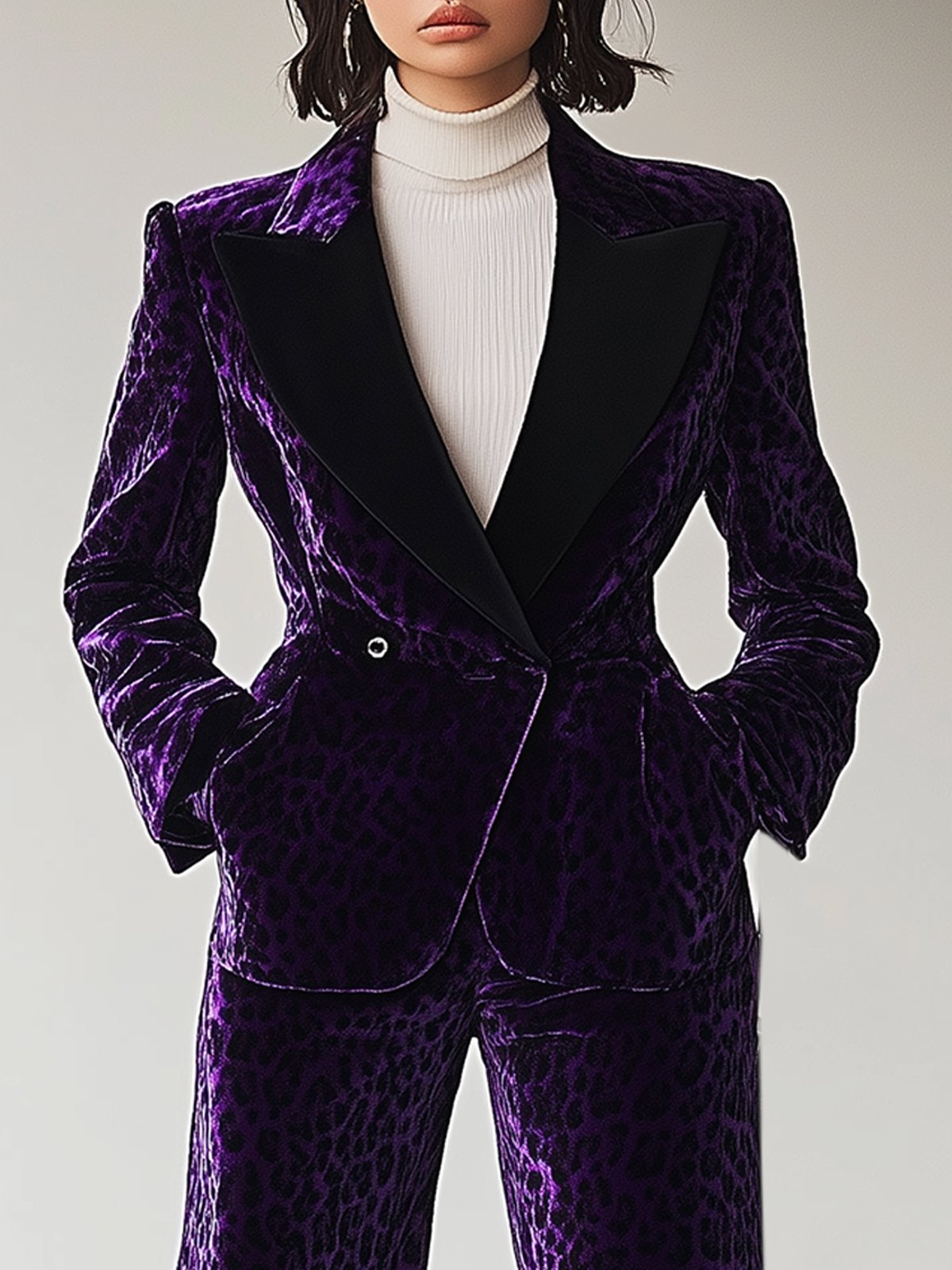 Purple Velvet Leopard Print Blazer And Pants Suit