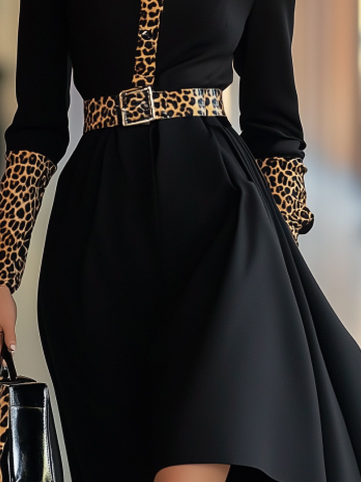 Leopard Print Collared Dress With Cuffed Sleeves And Belt