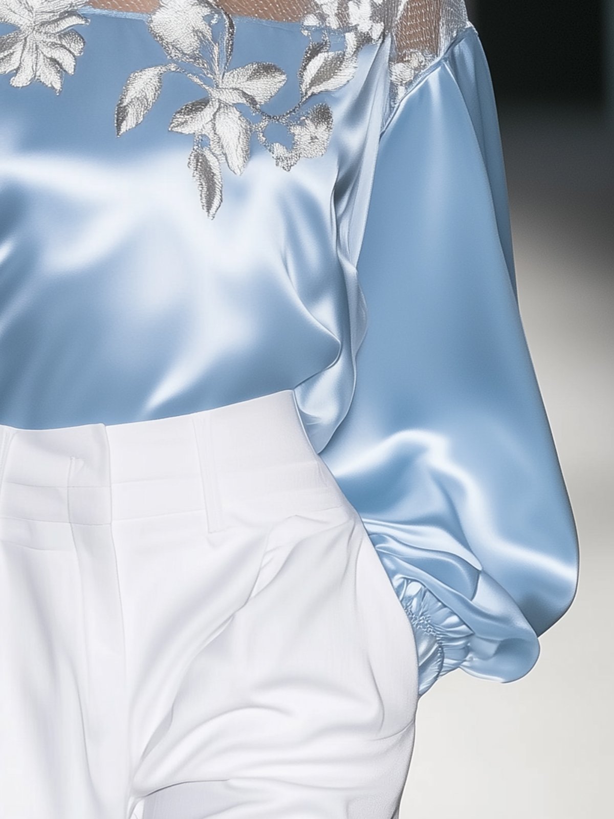 Satin Elegance: Light Blue Floral Embroidered Blouse