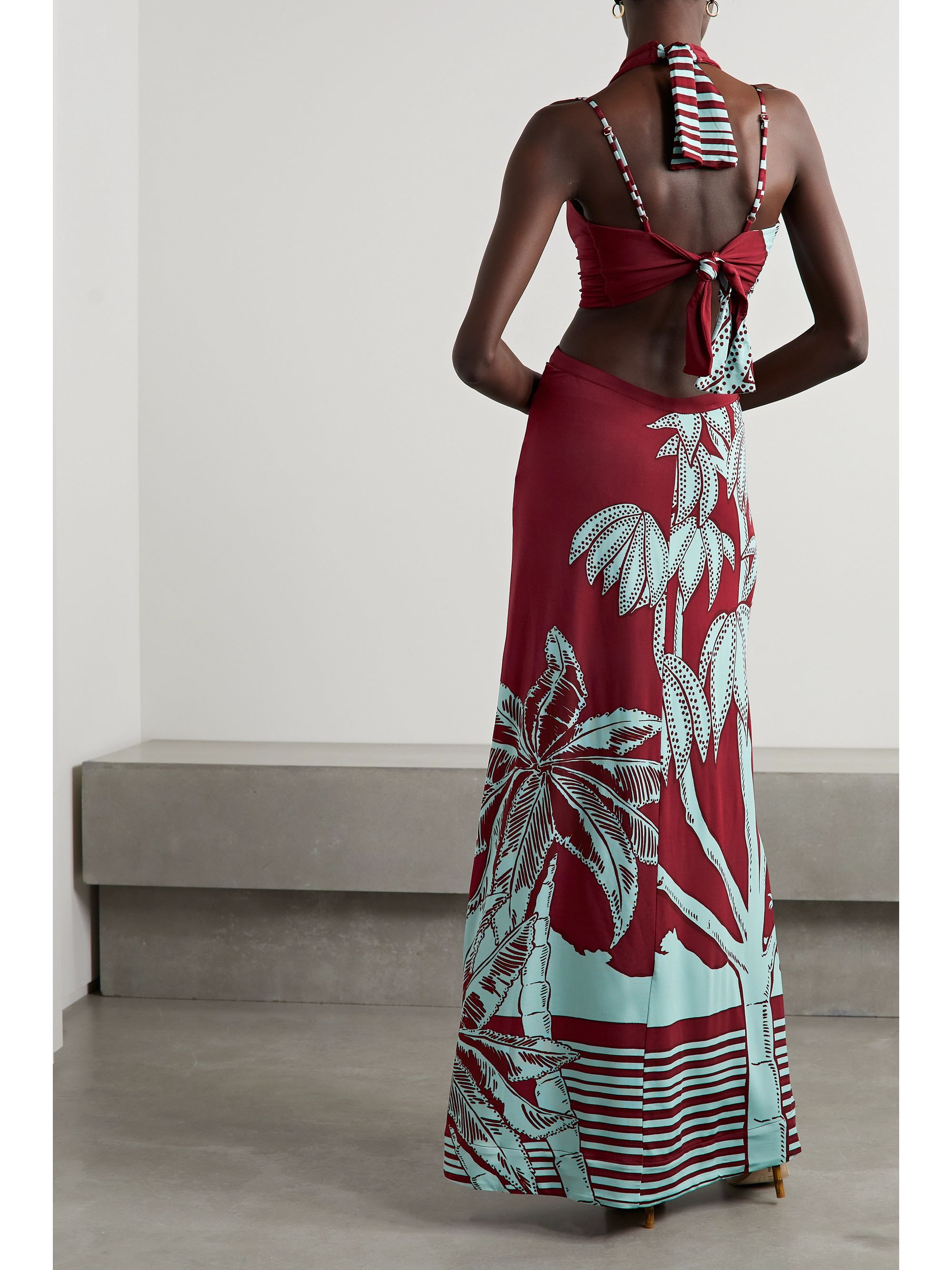 Printed Cutout Stretch Jersey Maxi Dress