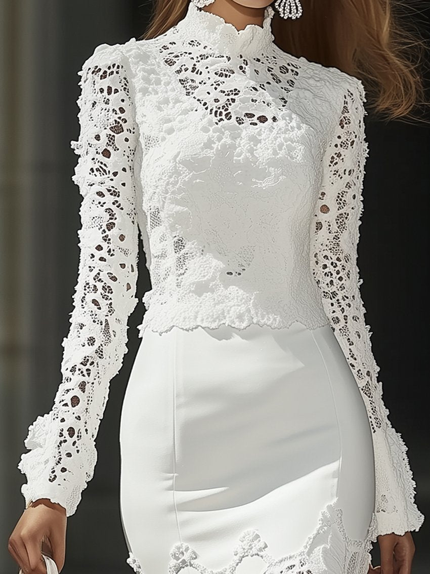 Fashion White Midi Dress With Lace Decoration At The Neckline And Bottom