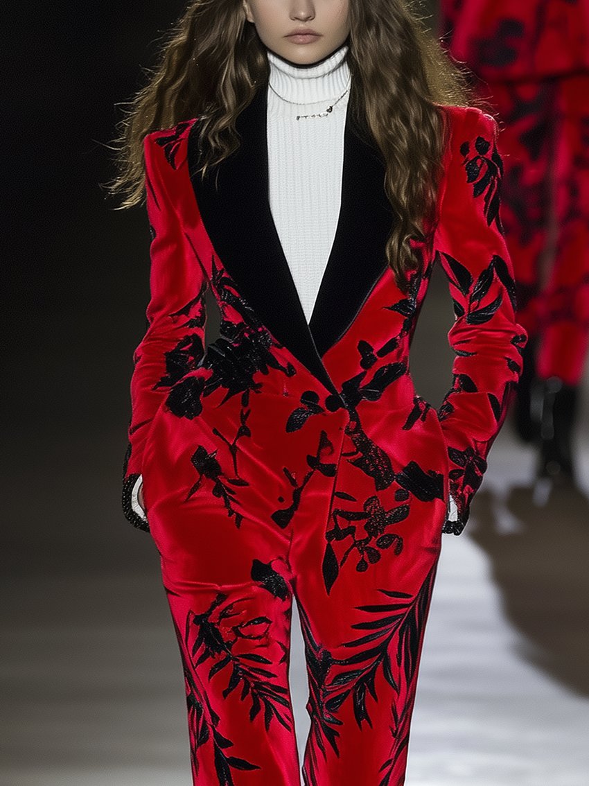 Red Velvet Jumpsuit With Black Plant Print And Black Collar