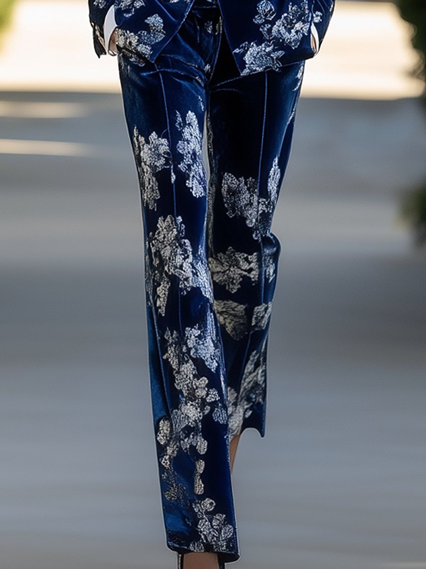 Dark Blue Velvet Pants With Floral Print