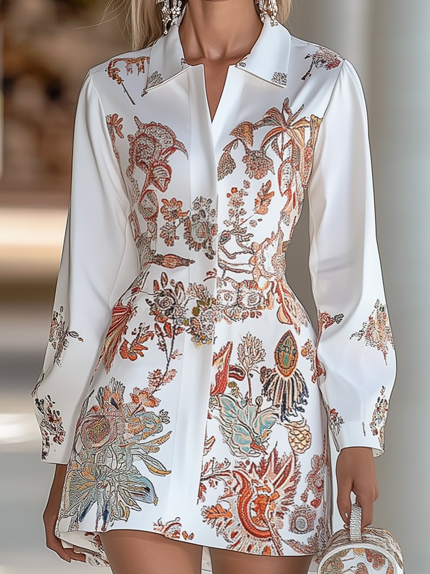 White With Fashion Print Mini Shirt Dress