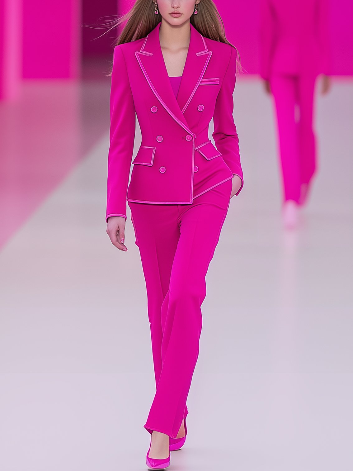 Double-breasted Barbie Pink Suit With Light Pink Trim