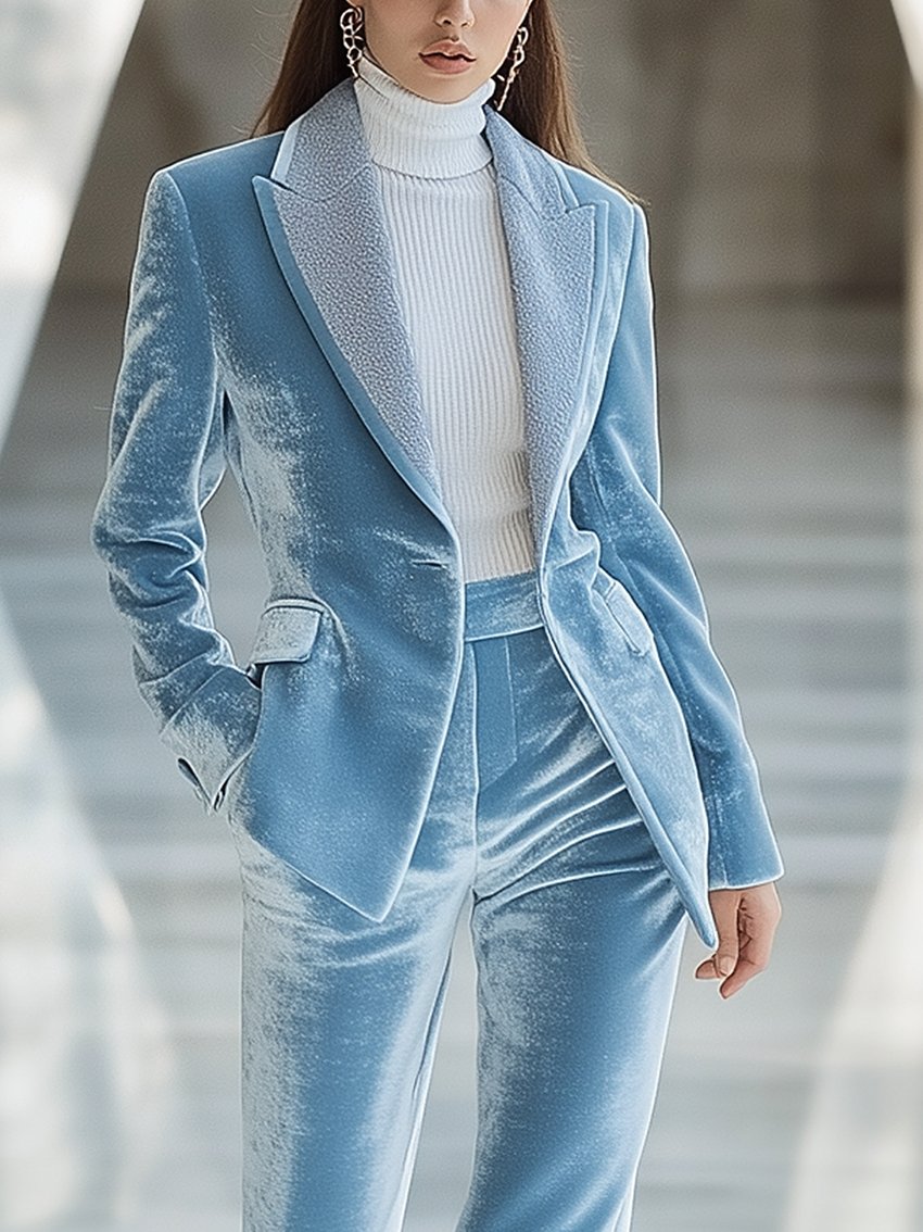 Sky Blue Velvet Blazer With Gray Collar