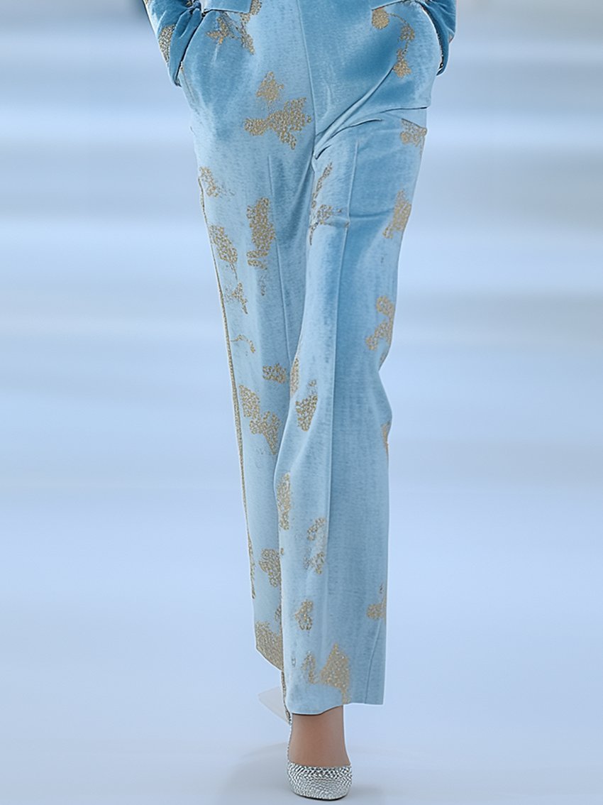 Sky Blue Velvet Jumpsuit With Gold Print