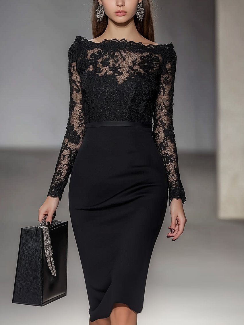 Black Bodycon Dress With Upper Half Lace Stitching