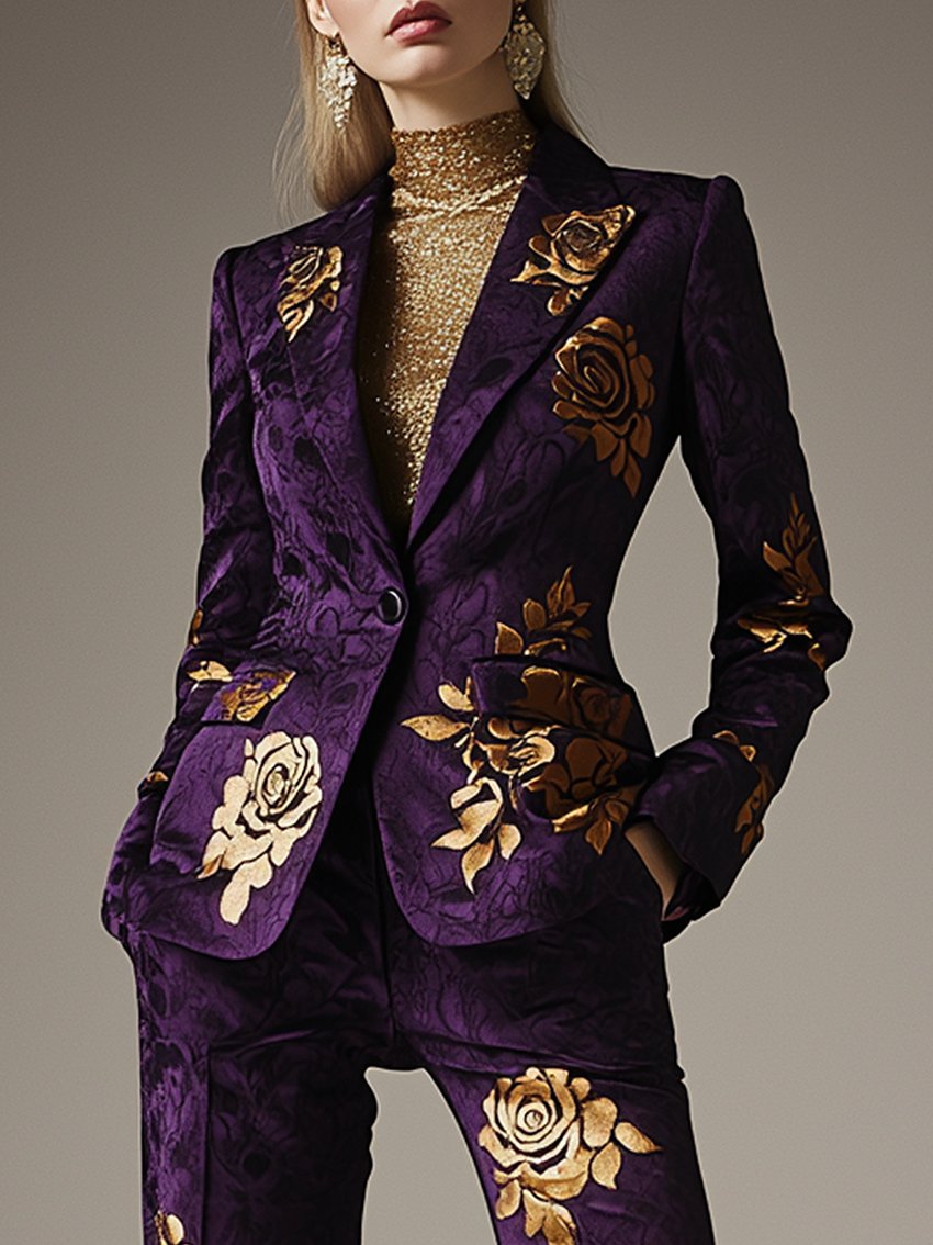 Purple Blazer With Golden Rose Print