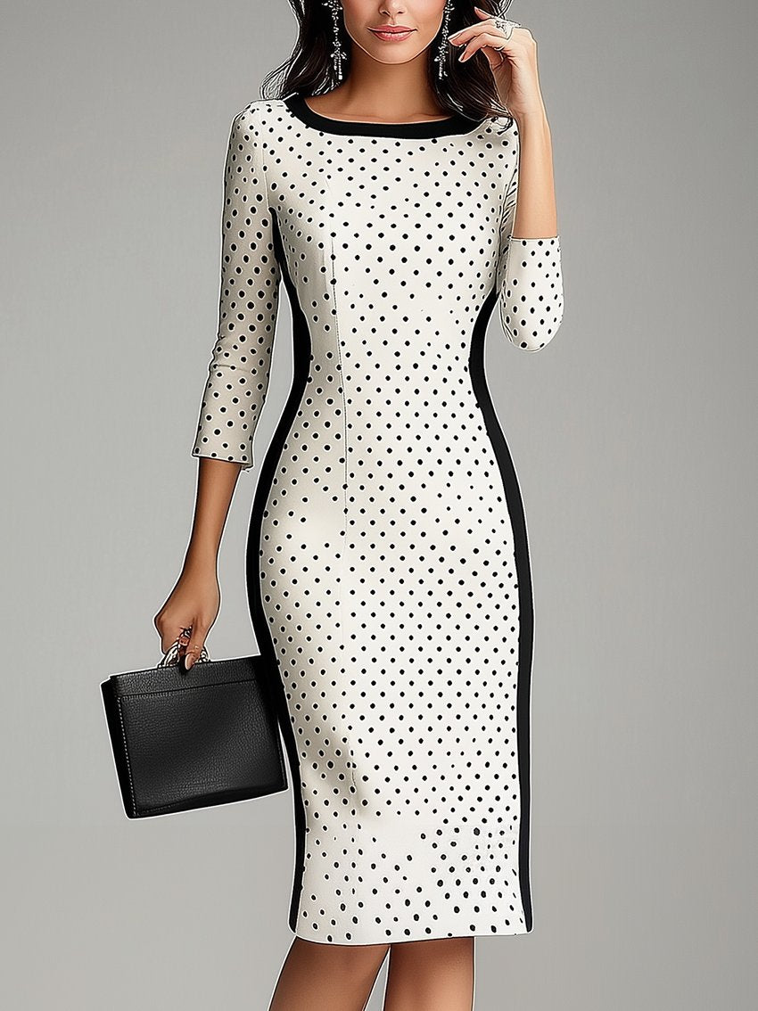 White Midi Dress With Black Trim And Polled Dots