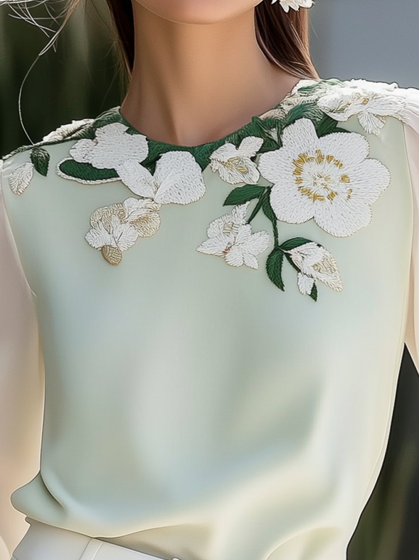 Round Neck Light Green Shirt With Flower Embroidery