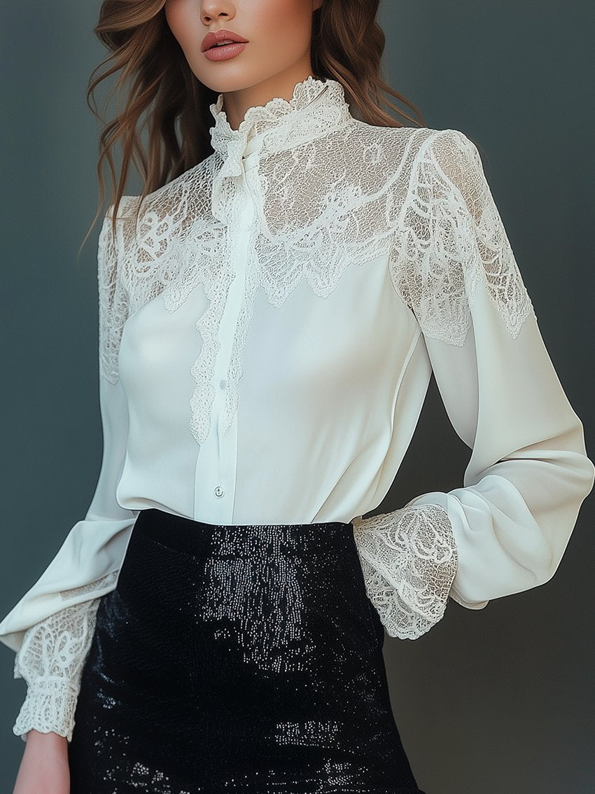 White Blouse With Collar And Shoulder Stitching Lace