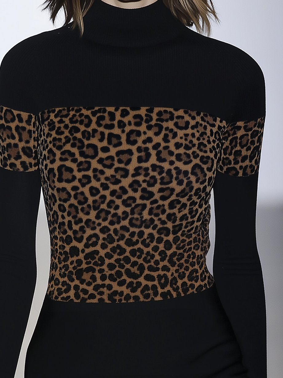 Black Hemi-neck Skinny T-shirt In Patterned Leopard Print