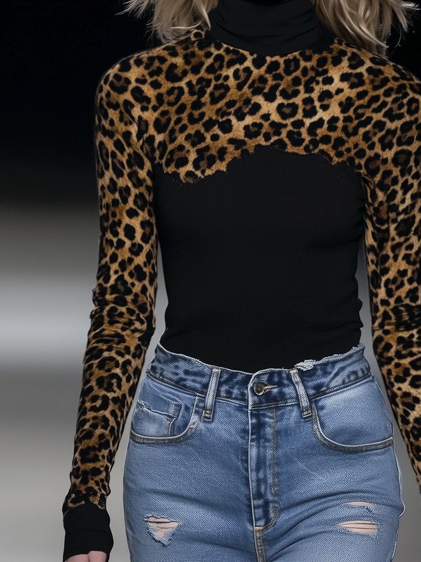 Black Stretch-tight T-shirt With Leopard Print