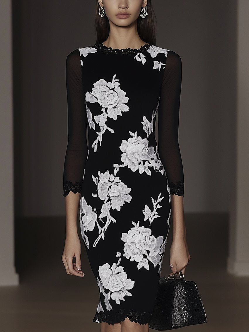 Black Midi Bodycon Dress With Gauze Sleeves And White Rose Print