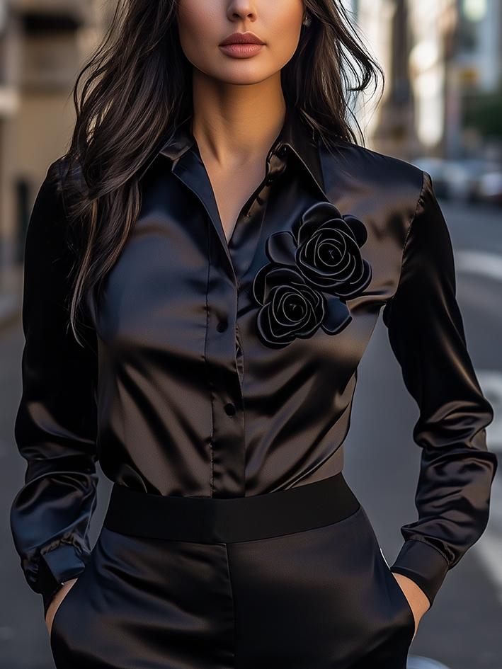 Black Classic 3D Floral Satin Blouse