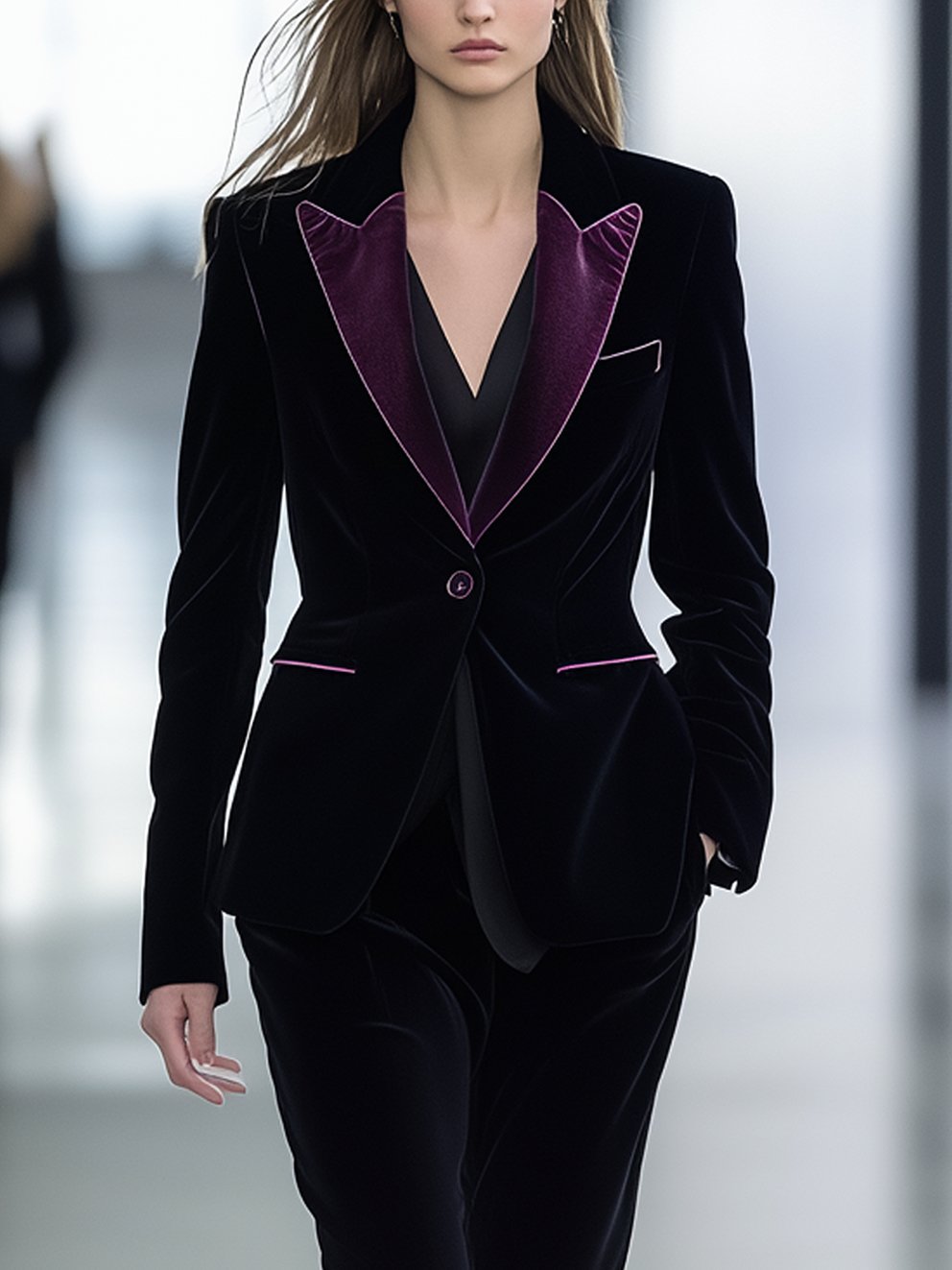 Black Velvet Suit With Purple Lapels