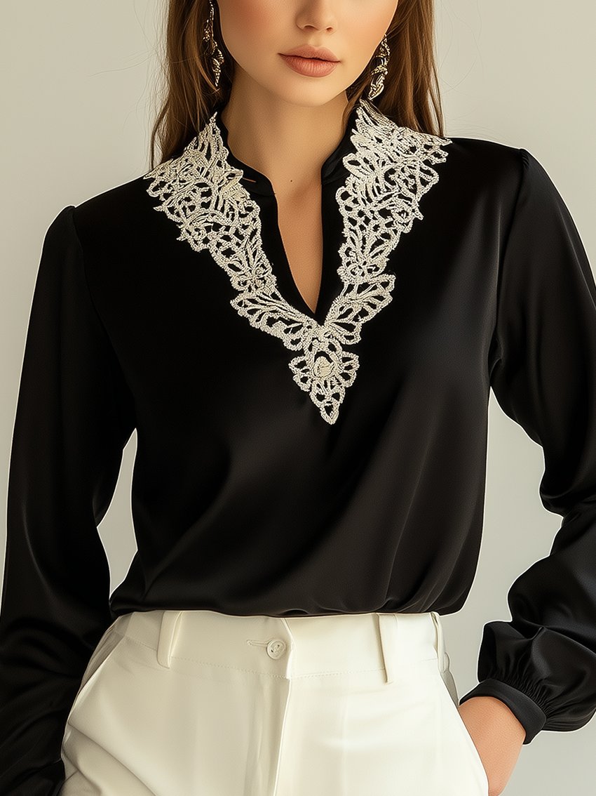 Black Satin Shirt With Lace Neckline