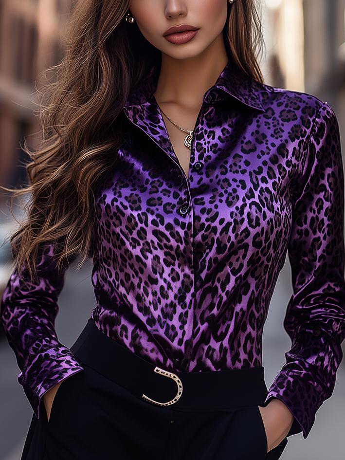 Bright Purple Leopard-Print Satin Blouse