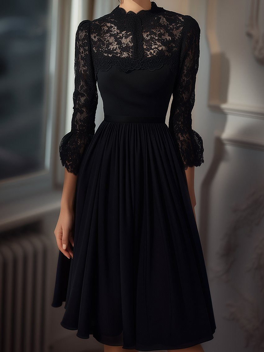 Black Midi Dress With Lace Stitching