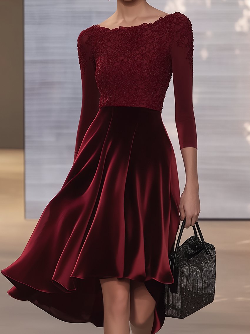 Burgundy Velvet Midi Dress With Lace Stitching