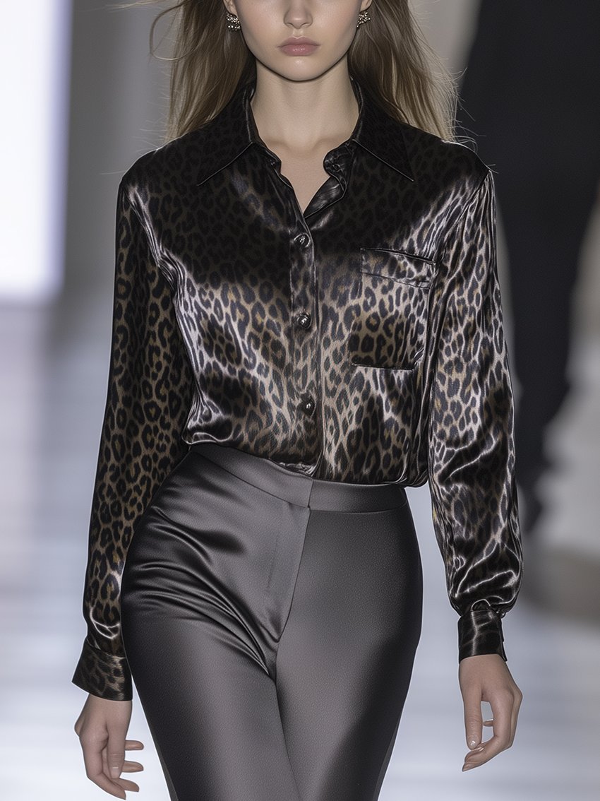 Charcoal Gray Leopard-Print Satin Blouse