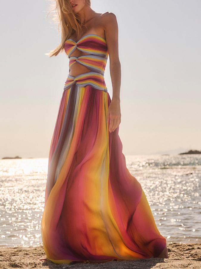 Strapless Rainbow Print Long Swimsuit