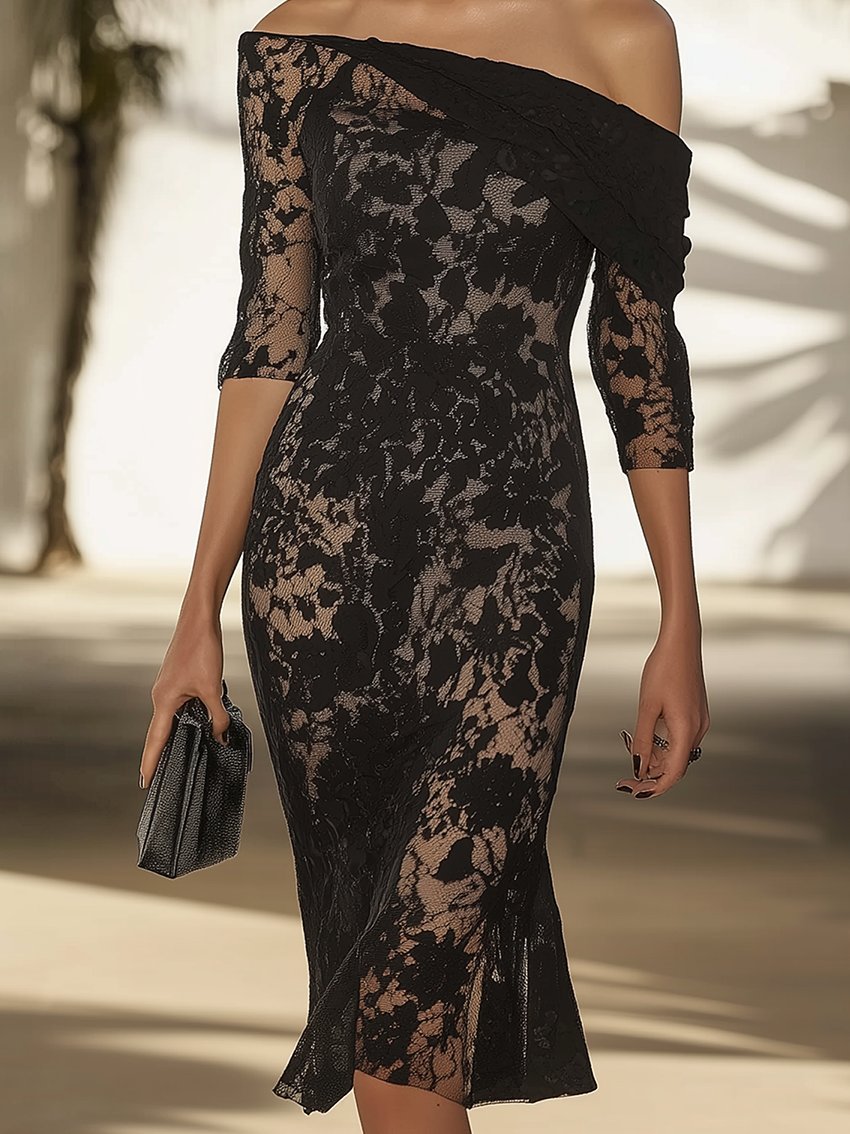 Off-The-Shoulder Black Lace Midi Bodycon Dress