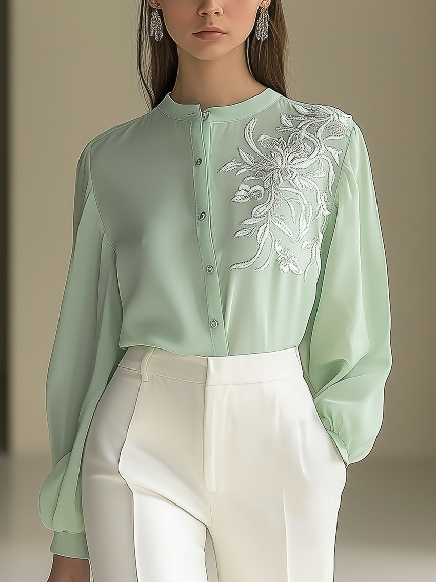 Mint Green Chiffon Blouse With White Plant Embroidery With Round Neck