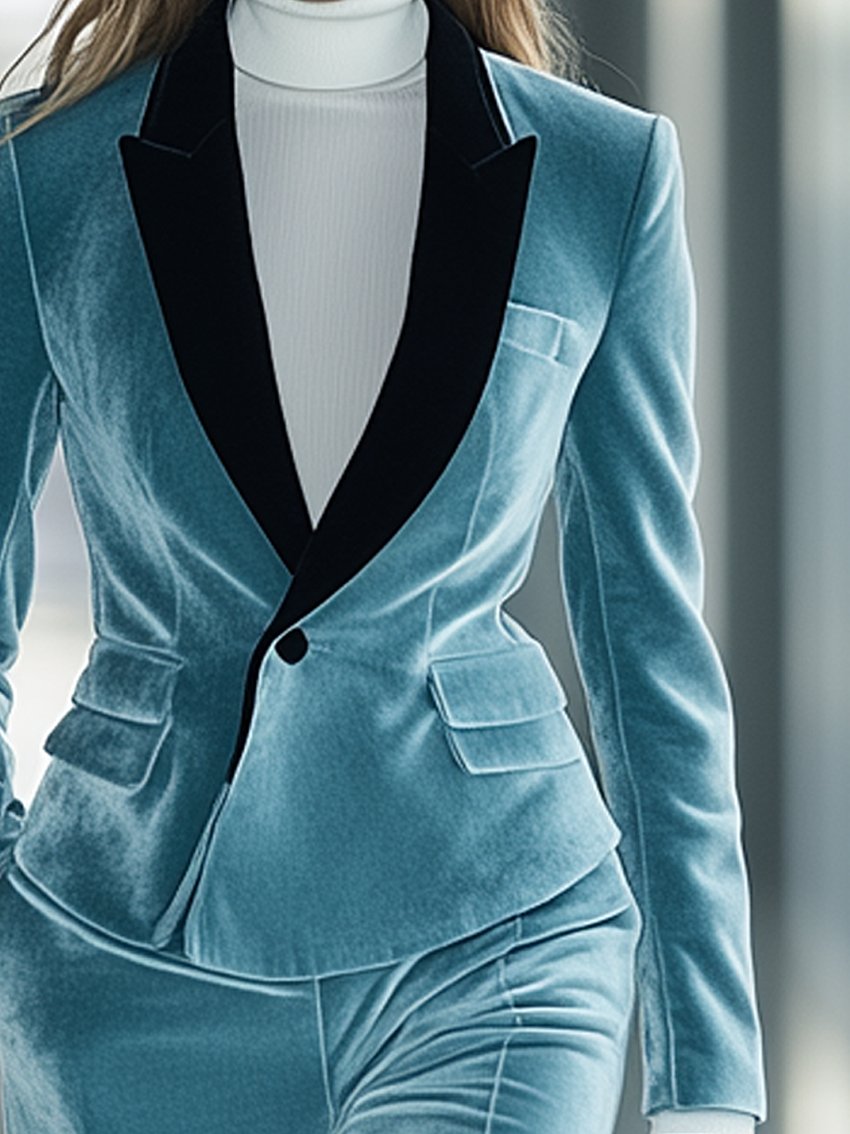 Cyan Velvet Blazer With Black Collar