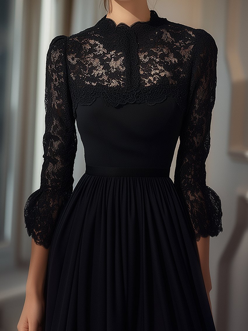 Black Midi Dress With Lace Stitching