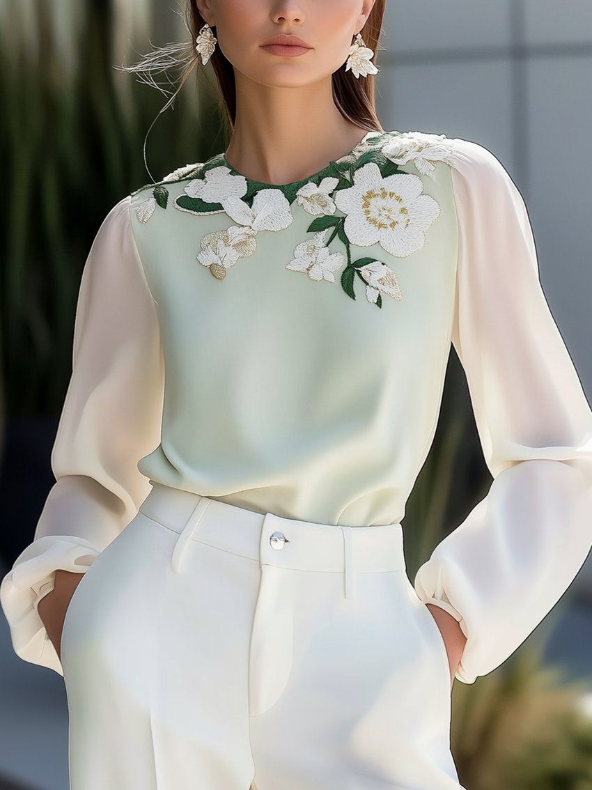 Round Neck Light Green Shirt With Flower Embroidery