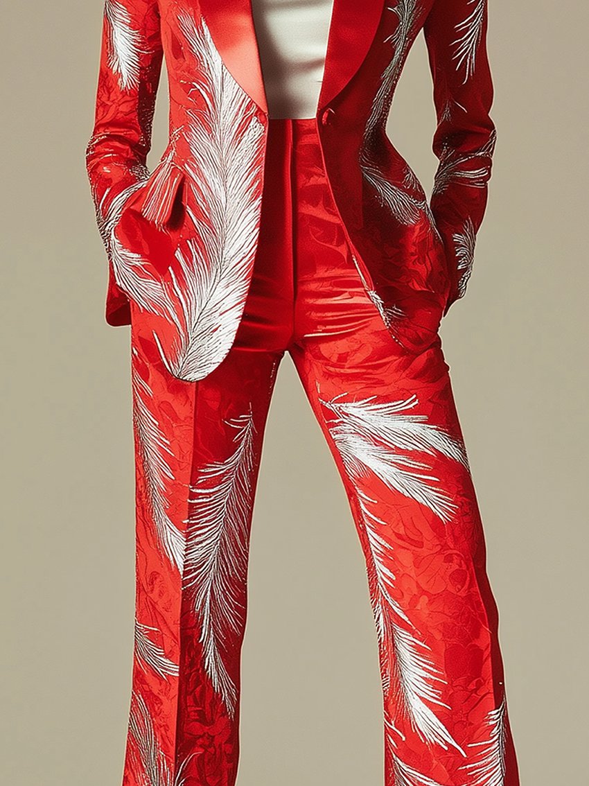 Red Satin Pants With Silver Feather Print