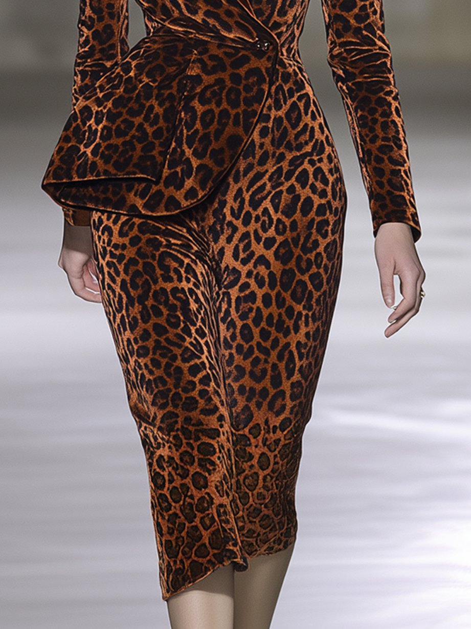 Red-brown Leopard Velvet Skinny Dress