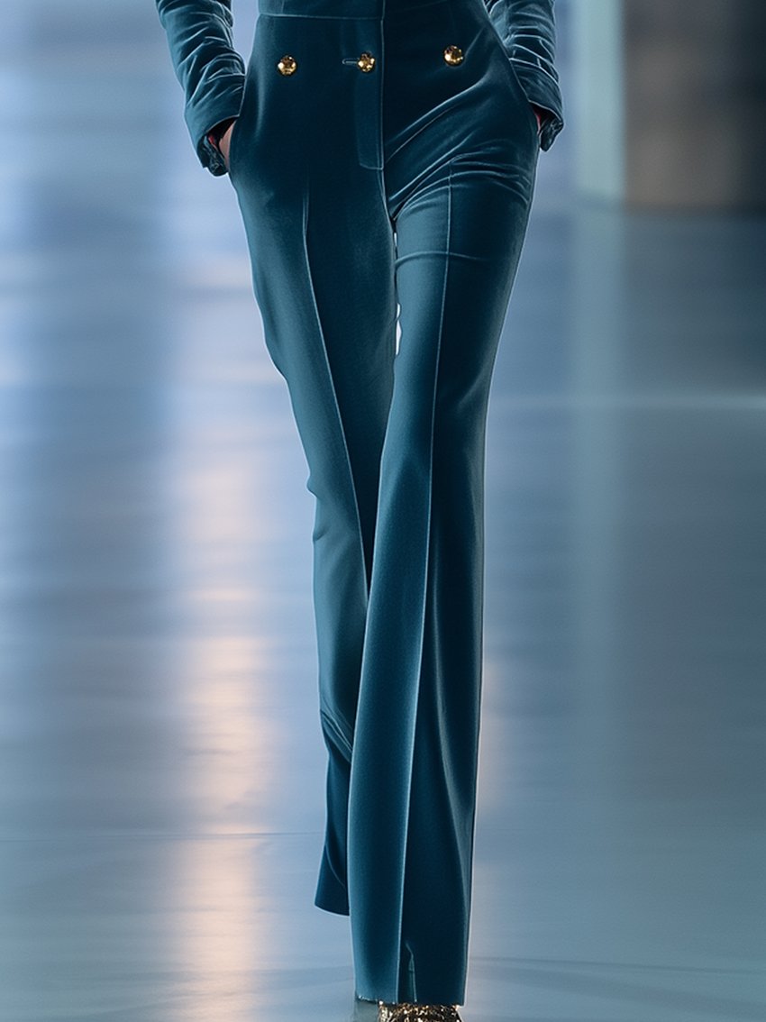 Cyan Velvet Jumpsuit With Buttons