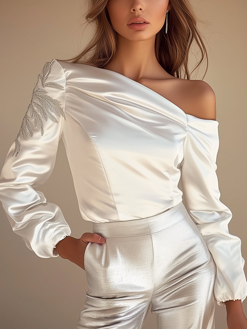 Off-The-Shoulder White Satin Shirt With Plant Embroidery